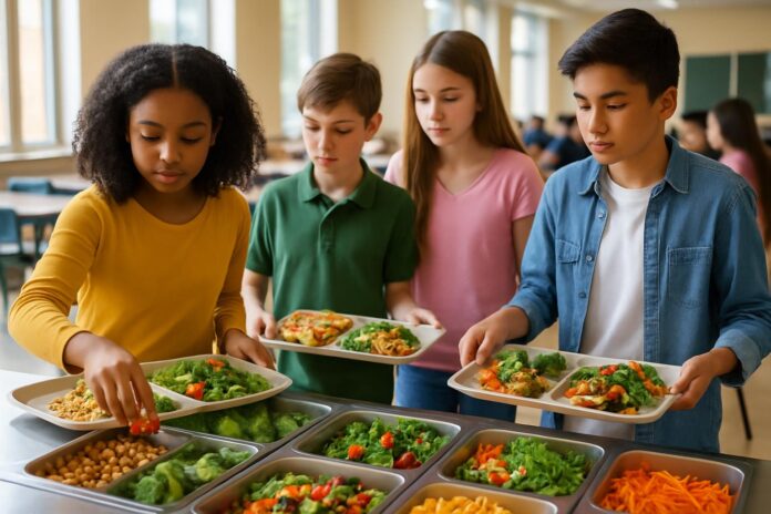 2026-06-06-plantbased-study-finds-children-and-teenagers-are-more-open-to-meat-fre 학교 급식 공간에서 식물성 메뉴를 고르는 청소년들