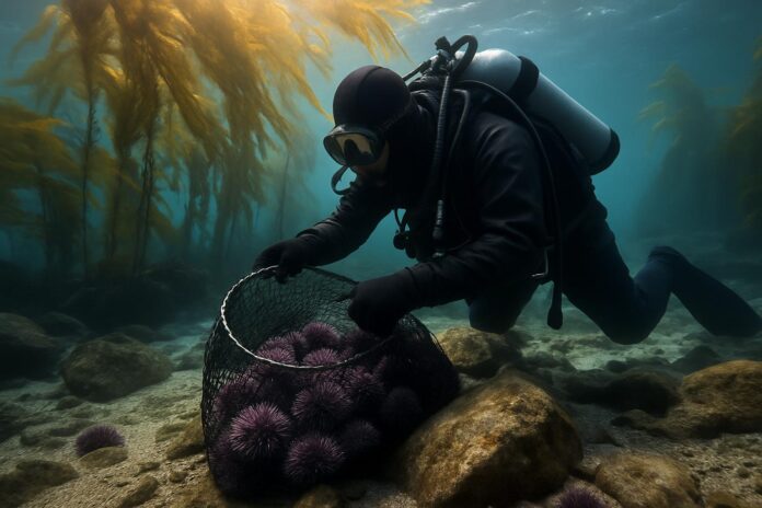 2026-06-21-grist-efforts-to-save-kelp-forests-from-ocean-warming-are-ramping- 켈프 숲 복원 프로젝트 현장에서 다이버가 성게를 채집하는 모습