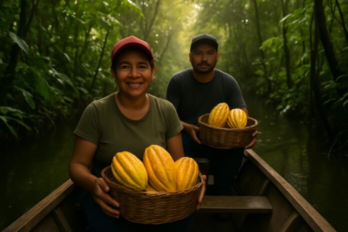 2026-06-25-mongabay-amazon-floodplains-cocoa-offers-a-climate-resilient-and-sust 아마존 범람원 숲 수로에서 자생 카카오를 수확하는 소규모 생산자와 노란 카카오 열매