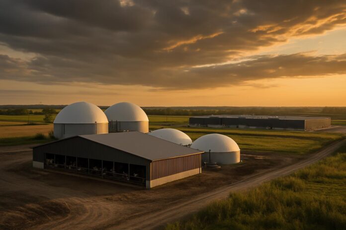 2026-06-28-grist-cow-manure-could-be-the-next-data-center-fuel 낙농장 분뇨 소화조와 원거리 데이터센터 시설을 함께 보여주는 농촌 풍경