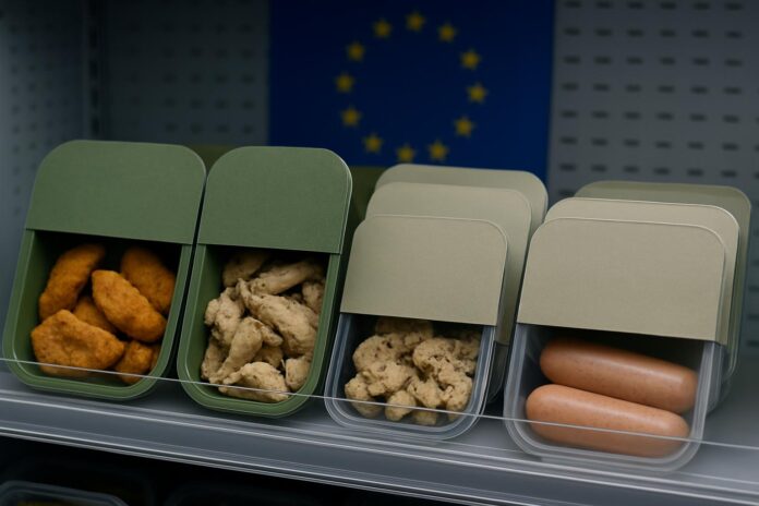 2026-06-30-plantbased-controversial-plant-based-labeling-ban-passes-with-huge-majo EU 식물성 라벨링 금지안 논란을 상징하는 대체육 제품 매대 이미지