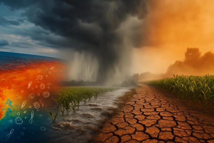 2026-07-01-foodtank-food-tank-explains-el-ni-o 2026년 엘니뇨로 인한 해수면 온난화와 홍수·가뭄이 농업과 해양 생태계에 미치는 영향을 상징적으로 보여주는 이미지