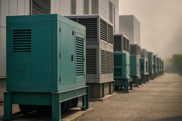 2026-07-02-ehn-we-are-screwed-people-near-data-centers-dread-heat-wave-poll 폭염 속 데이터센터 외부에 설치된 비상 발전기와 냉각 설비