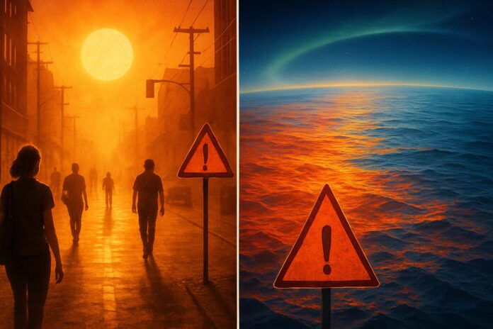 2026-07-07-carbonbrief-cited-7-july-2026-impossible-heat-global-ocean-record-climat 기후변화 폭염과 기록적 해수면 온도를 상징하는 도시 열기와 따뜻해진 바다 이미지