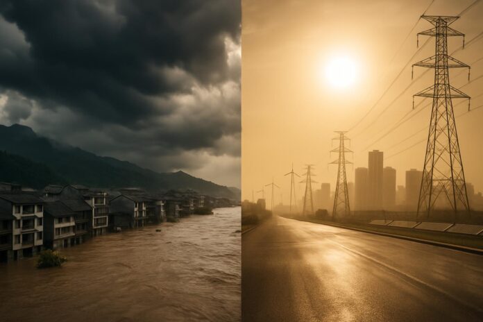 2026-07-09-carbonbrief-china-briefing-9-july-2026-guangxi-floods-beautiful-china-pl 중국의 홍수와 폭염, 그리고 청정에너지 전환을 상징하는 이미지