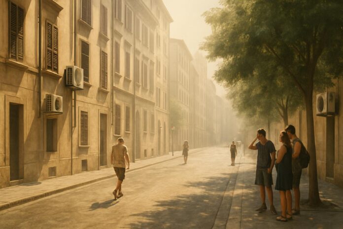 2026-07-10-carbonbrief-eight-facts-about-air-conditioning-amid-an-overheated-global 유럽 도심의 폭염 속 건물 외벽 에어컨 실외기와 그늘을 찾는 보행자