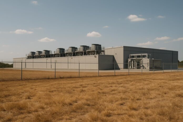 2026-07-15-grist-nebraska-wants-data-centers-to-come-clean-about-water-usage 가뭄이 이어지는 초지 너머로 보이는 네브래스카의 데이터센터 시설과 냉각 설비