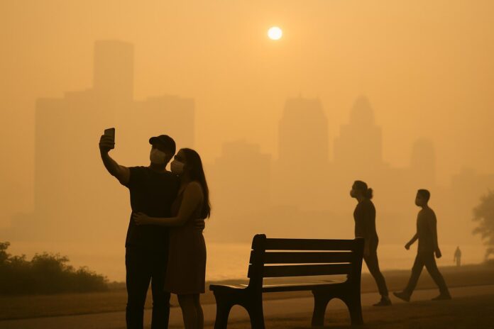 2026-07-15-mongabay-wildfires-expose-millions-in-the-midwest-and-northeast-us-to 산불 연기로 뿌옇게 흐려진 미국 도시 공원에서 마스크를 쓴 시민들