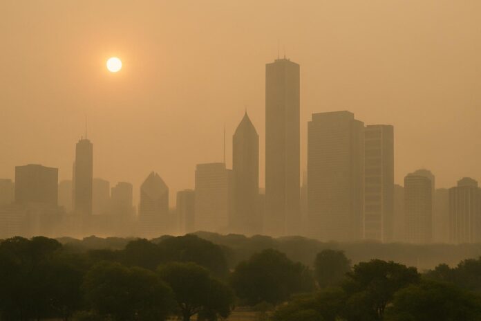 2026-07-16-columbia-wildfire-smoke-returns-what-to-know-about-this-week-s-air-qu 연무로 흐릿해진 대도시 스카이라인과 산불 연기 공기질 경보 상황을 상징하는 장면