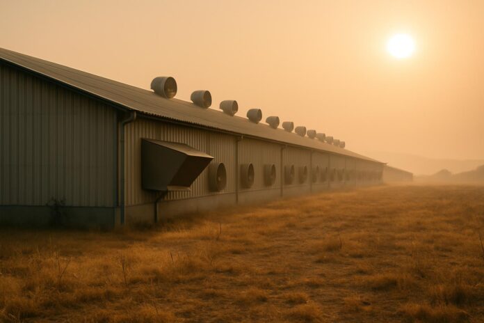 2026-07-20-plantbased-the-june-heatwave-killed-up-to-3-million-broiler-chickens-in 프랑스 농촌의 대형 양계장 외부 전경이 폭염의 열기 속에 보인다.