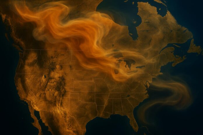 2026-07-22-earthobservatory-a-week-of-smoky-skies-across-north-america 북미 대륙 상공으로 확산되는 산불 연기와 갈색탄소 에어로졸을 시각화한 이미지