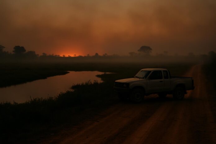 2026-07-30-mongabay-new-fire-satellites-offer-hope-for-amazon-and-other-biomes-b 연무가 낀 남미 습지 가장자리와 비포장도로, 산불의 불빛이 희미하게 보이는 풍경