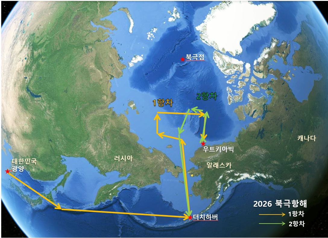 2026년 아라온호 북극항 탐사 항로 지도