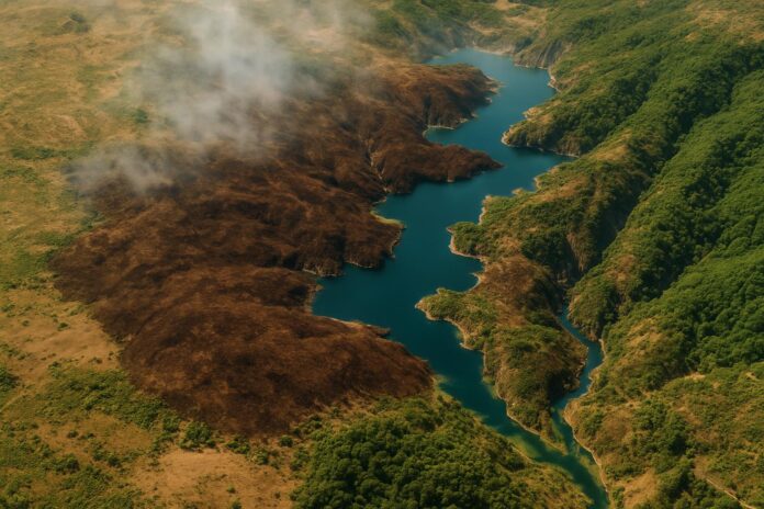 2026-07-31-earthobservatory-destructive-fires-char-western-europe 저수지 주변까지 넓게 그을린 서유럽 산불 피해를 위성 시점으로 표현한 이미지
