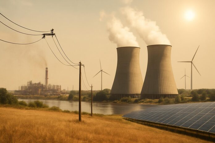 2026-08-04-carbonbrief-factcheck-how-nuclear-gas-wind-and-solar-power-are-affected- 폭염 속 원전 가스발전 풍력 태양광과 전력선이 함께 묘사된 이미지
