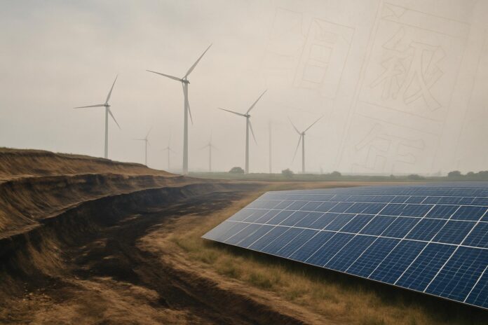 2026-08-06-carbonbrief-q-a-what-is-in-china-s-new-five-year-plan-for-climate-change 석탄 채굴지와 풍력 터빈, 태양광 설비가 대비되는 장면을 통해 중국 기후변화 5개년 계획의 전환 과제를 상징한 이미지