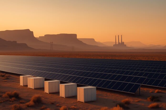 2026-08-06-grist-in-a-first-utah-got-more-power-from-solar-than-any-other-sou 유타 사막 지대의 대형 태양광 발전 단지와 멀리 보이는 화력발전 시설 실루엣