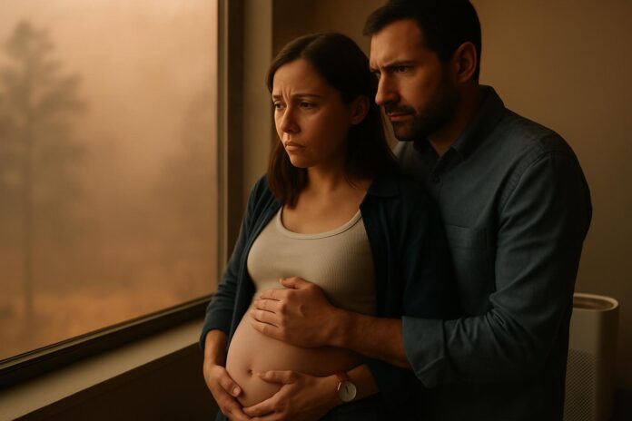2026-08-07-ehn-wildfire-smoke-is-now-a-bigger-prenatal-threat-than-human-so 산불 연기 속에서 실내에 머무는 임신부와 파트너