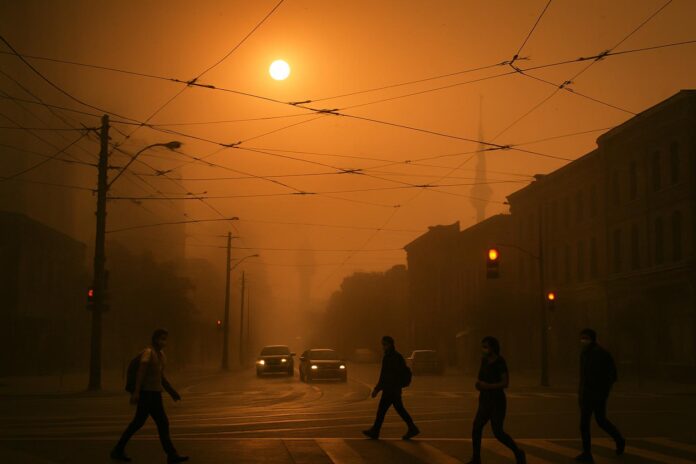 2026-08-10-mongabay-climate-change-doubled-likelihood-of-canada-s-extreme-fire-w 주황빛 연무가 도심을 뒤덮은 캐나다 도시 거리의 산불 연기 상황