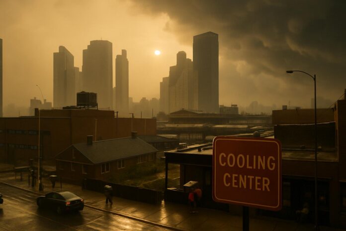 2026-08-11-columbia-accounting-for-compounding-climate-events-in-emergency-manag 도시 스카이라인이 산불 연기와 폭우 먹구름 속에 흐릿하게 보이는 장면
