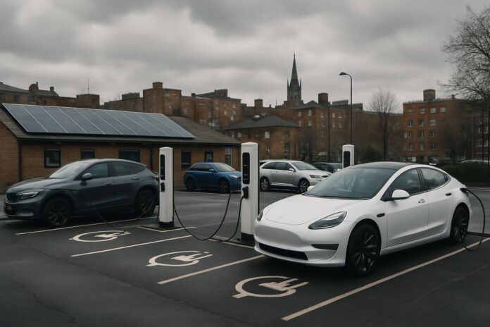 2026-08-12-carbonbrief-analysis-weaker-ev-targets-could-cost-uk-consumers-3bn-a-yea 영국 도심의 전기차 충전소에서 여러 대의 전기차가 충전 중인 모습