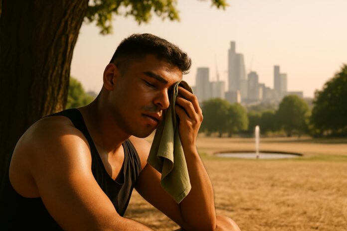 2026-08-12-ehn-warning-for-heat-and-drought-hit-uk-it-gets-worse-without-cl 영국 도심 공원에서 폭염 속 그늘에 앉아 땀을 닦는 시민과 마른 잔디