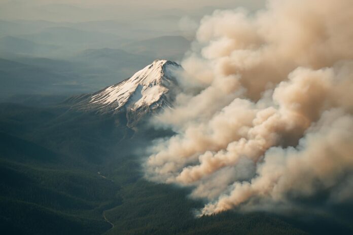 2026-08-13-earthobservatory-cascade-volcanoes-shrouded-in-smoke 국제우주정거장에서 본 캐스케이드 산맥의 빙하 화산과 산불 연기