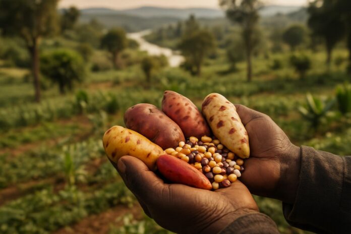 2026-08-18-mongabay-indigenous-food-sovereignty-is-one-of-the-most-overlooked-co 다양한 재래 씨앗과 뿌리작물을 손에 든 농부와 뒤로 보이는 혼농임업 경관