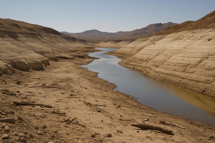 2026-08-19-earthobservatory-elephant-butte-reservoir-runs-low 가뭄으로 수위가 크게 낮아져 해안선이 후퇴한 엘리펀트 뷰트 저수지의 노출된 퇴적층과 남은 물길을 보여주는 풍경