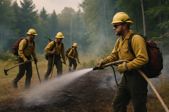 2026-08-23-insideclimate-burning-questions-confront-wildland-firefighters-in-maine-an 뉴잉글랜드 숲 가장자리에서 산불 대응 중인 와일드랜드 소방관