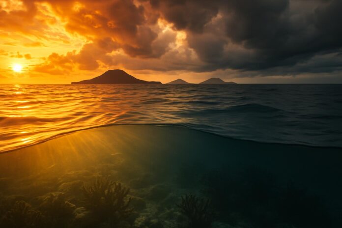 2026-08-27-insideclimate-global-warming-intensifies-el-ni-o-gal-pagos-coral-fossils-s 갈라파고스 해역의 따뜻해진 바다와 산호초를 상징적으로 보여주는 이미지