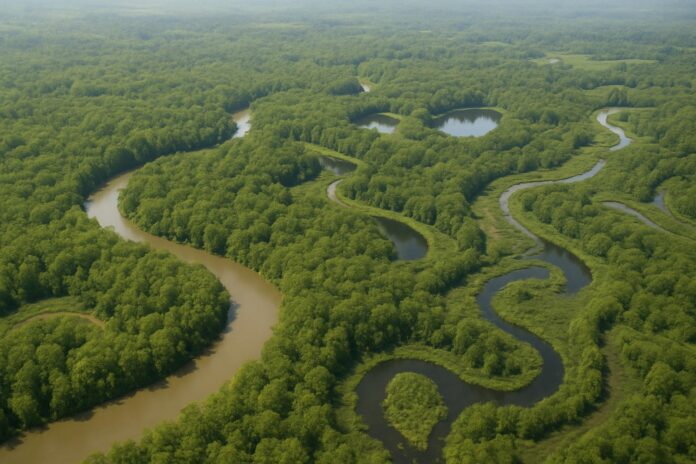 2026-08-28-earthobservatory-the-forested-floodplains-of-congaree-national-park 콩가리강이 굽이치며 범람원 숲과 옥스보 호수를 만드는 콩가리 국립공원의 항공 시점 이미지