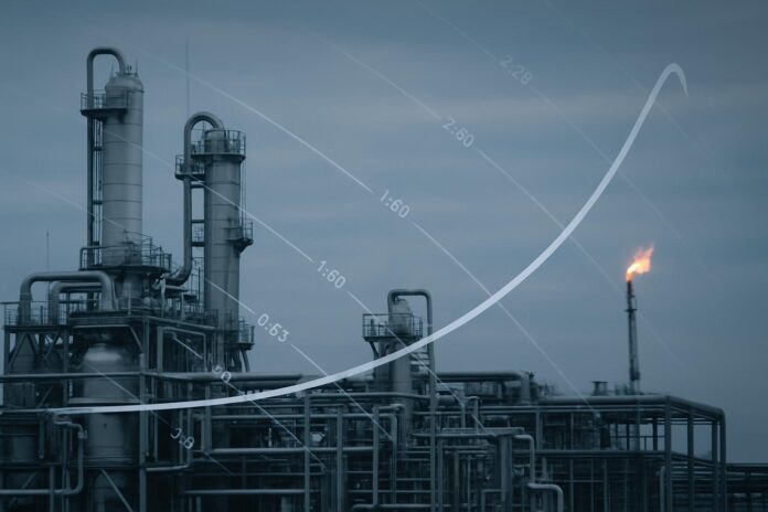 2026-09-01-carbonbrief-guest-post-why-tough-methane-cuts-are-crucial-for-keeping-wa 가스 처리 시설과 기후 모델 곡선이 겹쳐 보이는 메탄 감축 관련 상징 이미지