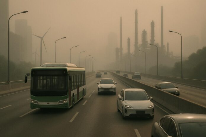 2026-09-02-insideclimate-china-s-carbon-pollution-fell-in-recent-months-as-oil-demand 중국 도심 도로의 전기차와 대중교통, 멀리 보이는 정유 시설 실루엣