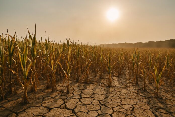 2026-09-04-carbonbrief-how-this-summer-s-heat-and-drought-impacted-crops-in-europe- 유럽 폭염 가뭄으로 말라가는 곡물밭과 갈라진 토양을 담은 보도 사진 스타일 이미지