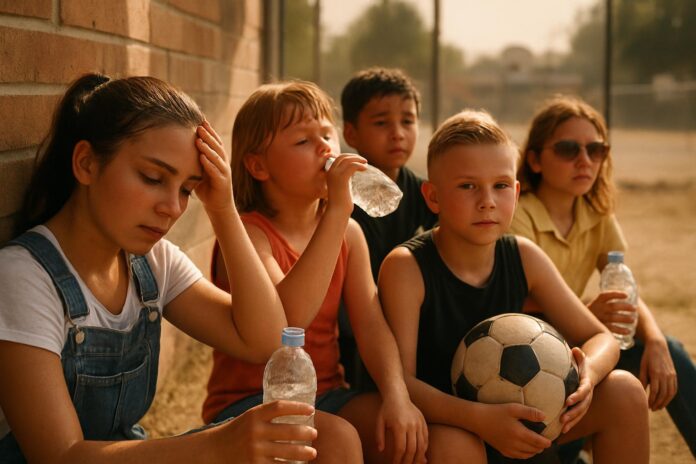 2026-09-08-ehn-too-hot-to-learn-how-climate-change-hurts-children-s-chances 폭염 속 그늘에서 쉬는 아이들, 기후변화가 학습과 건강에 미치는 영향을 상징