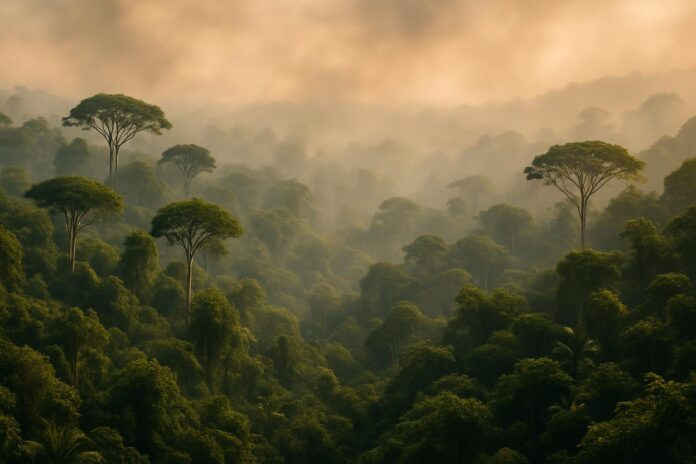 2026-09-11-yale360-the-breakdown-of-natural-systems-could-intensify-warming-by- 연기 낀 하늘 아래 열대우림과 산불 영향으로 흐려진 숲 풍경