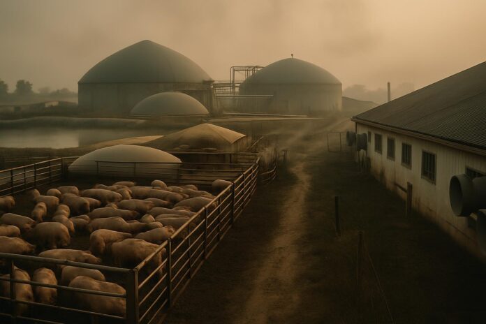 2026-09-25-ehn-manure-digesters-worsen-ammonia-air-emissions-from-hog-farms 돼지 대형사육시설 인근의 분뇨 소화조와 라군 저장시설을 담은 환경 다큐멘터리풍 이미지