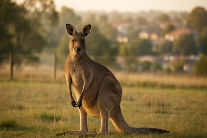 2026-09-28-mongabay-as-australia-s-kangaroo-numbers-rise-record-cull-renews-call 호주 초지 보호구역 가장자리에서 주변 서식지 단절을 배경으로 서 있는 동부회색캥거루