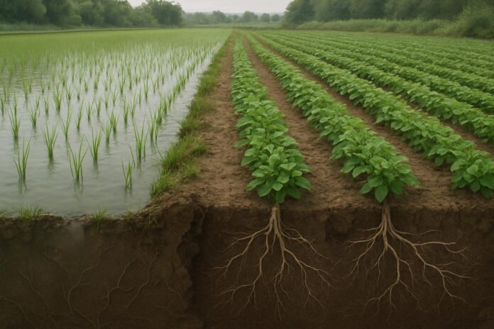 2026-09-29-foodtank-how-cover-crops-can-support-sustainable-rice-farming 벼농사에서 콩과 덮개작물로 질소 비료 사용을 줄이는 지속가능 농업 개념 이미지