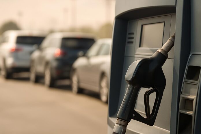 2026-10-02-ehn-the-true-cost-of-trump-s-fuel-economy-rollbacks 미국 주유소에서 차량들이 주유를 기다리며 연료비 부담과 배출 증가를 상징하는 장면
