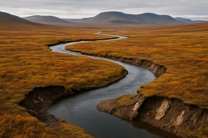 2026-10-02-mongabay-permafrost-wetland-wildfire-and-freshwater-emissions-could-a 북극 툰드라 강과 침식된 강둑이 보이는 풍경으로 영구동토층 해빙을 연상시키는 이미지