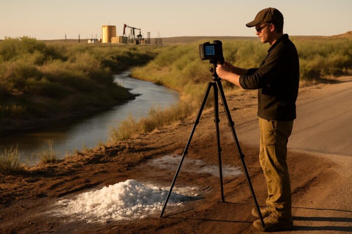 2026-10-11-grist-in-new-mexico-a-river-runs-through-the-middle-of-a-hellscape 뉴멕시코 페코스강 인근 도로에서 산유 폐수 누출 흔적으로 보이는 소금 결정과 유전 시설을 배경으로 현장 조사를 하는 모습