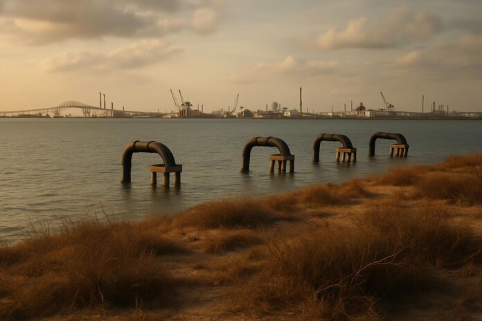 2026-10-12-insideclimate-how-a-bid-to-beat-drought-drove-corpus-christi-to-the-brink- 텍사스 코퍼스 크리스티 해안의 물 인프라와 가뭄 분위기를 담은 이미지
