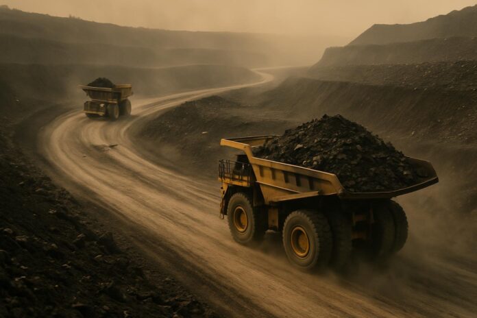 2026-10-13-ehn-coal-and-gas-avoiding-stricter-laws-by-expanding-existing-mi 호주 노천 석탄광산에서 대형 채굴 트럭이 먼지 낀 비포장 도로를 따라 이동하는 모습