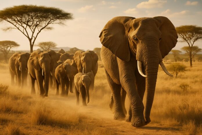 2026-10-20-mongabay-large-animals-are-living-carbon-stores-does-that-make-saving 아프리카 사바나 초원에서 이동하는 코끼리 무리
