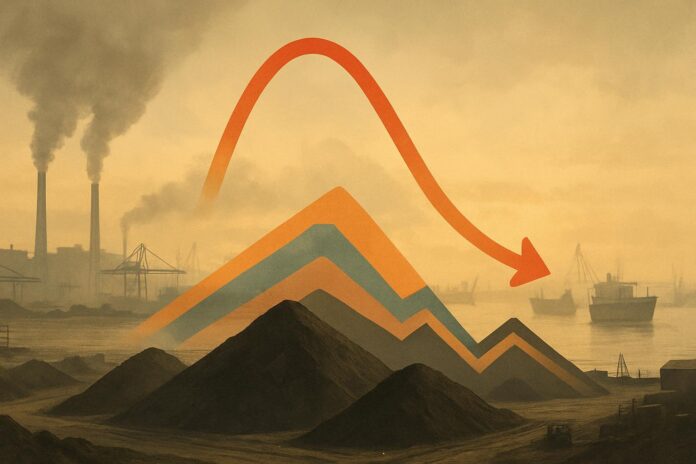 2026-10-21-carbonbrief-unep-opportunity-has-been-lost-to-meet-1-5c-warming-limit-wi 항만과 산업시설 배경 위로 1.5도 초과 상승과 복귀 경로를 상징하는 곡선 형태가 겹쳐진 기후 이미지