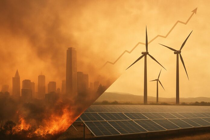 2026-10-21-insideclimate-limiting-global-warming-to-1-5-degrees-celsius-is-no-longer- 1.5도 목표를 넘는 지구온난화와 재생에너지 확산을 대비해 보여주는 도시와 풍력·태양광 이미지